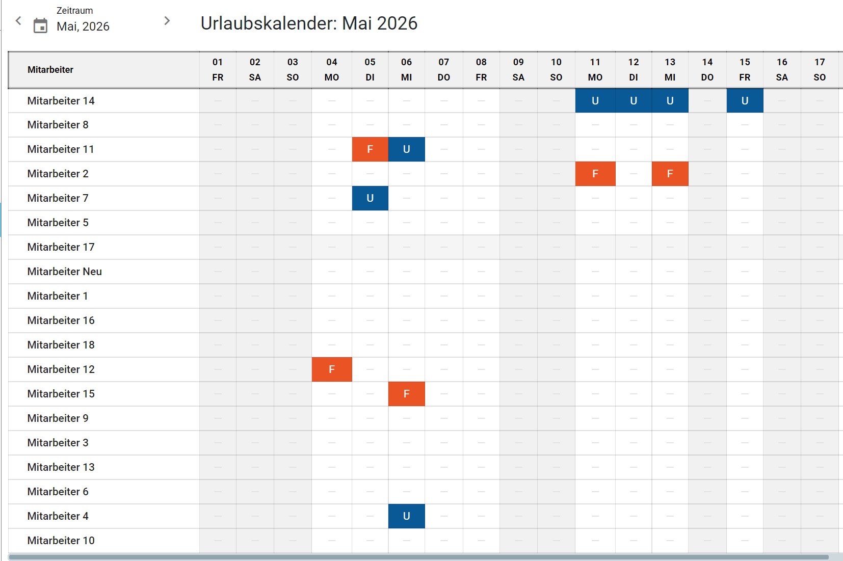 BIS-Office Urlaubskalender mit Mitarbeiterübersicht